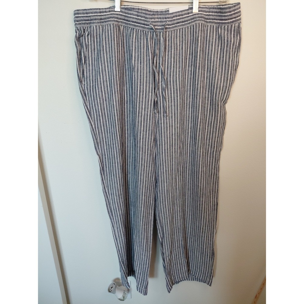 Old Navy Mid Rise Wide Leg Linen Pants Blue Stripes Elastic Waist XL Boho Nwtags - Picture 2 of 7